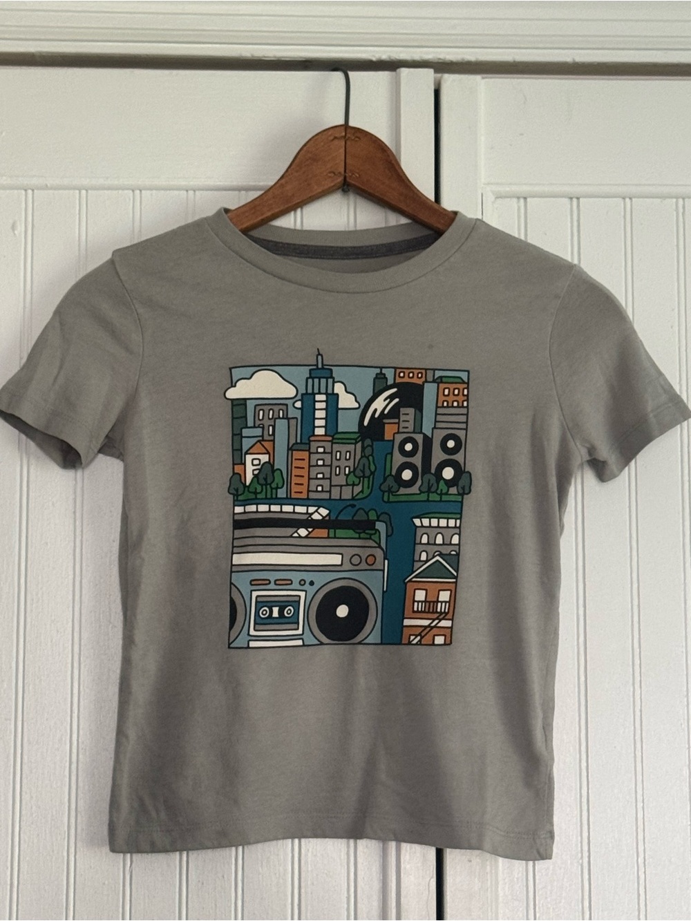 Old Navy Gray Tee with Blue and Green City Boombox Graphic